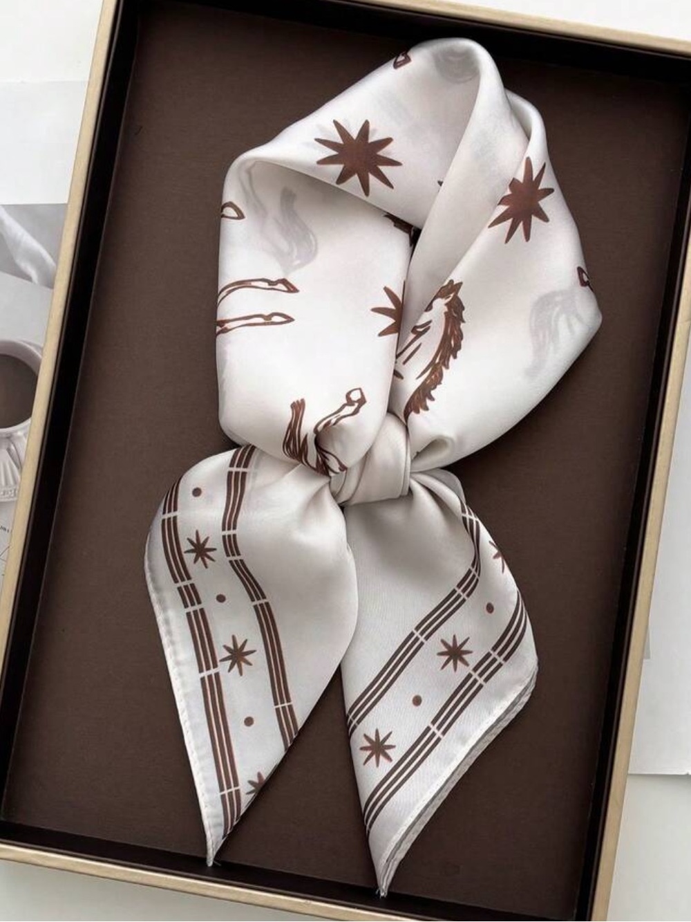 Running Horse Print Scarf | White & Brown | 27.5”